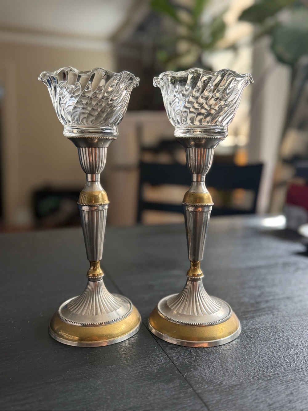 Elegant Glass and Metal Candlestick Pair - Silver and Gold
